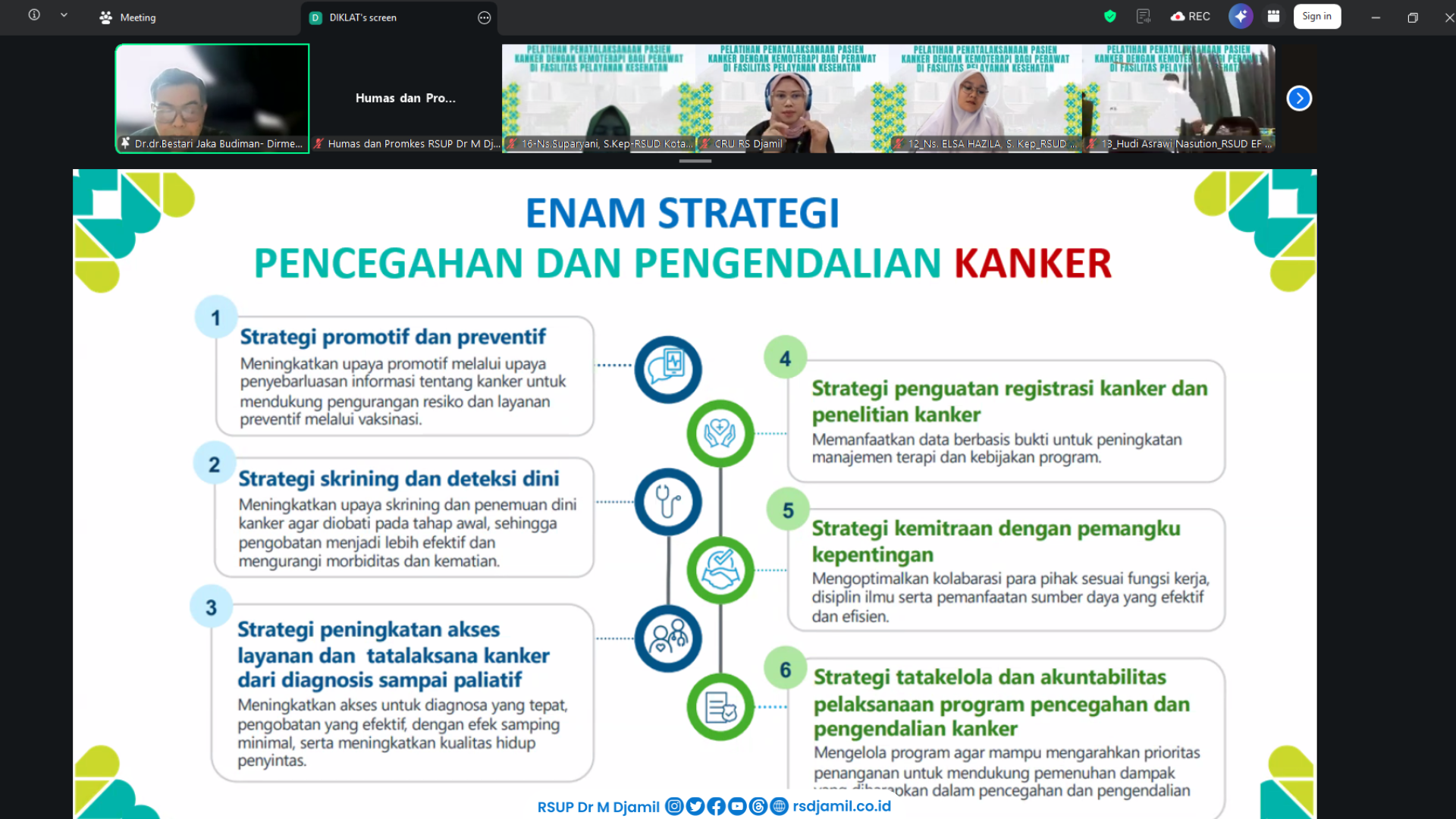 Pelatihan Penatalaksanaan Pasien Kanker dengan Kemoterapi bagi Perawat di Fasilitas Pelayanan Kesehatan yang dilaksanakan secara virtual, Rabu, (10/6). Foto: Humas RSUP M Djamil Padang